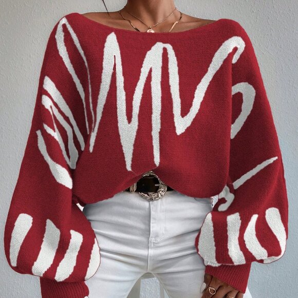 burgundy redCasual Women's Striped graphic Batwing Sleeve Loose Pullover Sweater - Picture 7 of 7